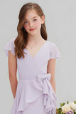 Violet en mousseline de soie V-col A-ligne Short Junior Demoiselle d’honneur Robe avec Volants