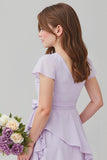 Violet en mousseline de soie V-col A-ligne Short Junior Demoiselle d’honneur Robe avec Volants