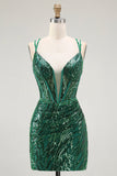 Robe courte moulante dos nu scintillante vert foncé avec paillettes