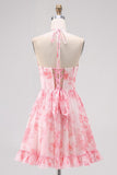 Rose Floral Une ligne V Col Halter Corset Robe de cocktail avec lacets dans le dos