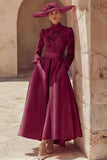 Robe longue pour mère de la mariée en dentelle rose bonbon col haut coupe une ligne