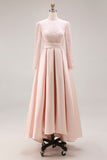 Robe longue pour mère de la mariée en dentelle rose bonbon col haut coupe une ligne