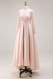 Robe longue pour mère de la mariée en dentelle rose bonbon col haut coupe une ligne