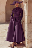 Robe longue pour mère de la mariée en dentelle rose bonbon col haut coupe une ligne