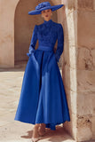 Robe longue pour mère de la mariée en dentelle rose bonbon col haut coupe une ligne