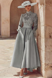 Robe longue pour mère de la mariée en dentelle rose bonbon col haut coupe une ligne