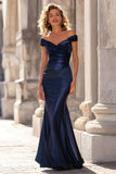 Robe longue mère de la mariée en taffetas bleu marine sirène à épaules dénudées