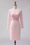 Robe de la mère de la mariée rose blush appliquée à écarts à col bateau midi avec manches
