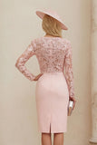 Robe de la mère de la mariée rose blush appliquée à écarts à col bateau midi avec manches