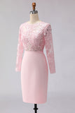 Robe de la mère de la mariée rose blush appliquée à écarts à col bateau midi avec manches