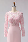 Robe de la mère de la mariée rose blush appliquée à écarts à col bateau midi avec manches