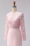 Robe de la mère de la mariée rose blush appliquée à écarts à col bateau midi avec manches