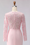 Robe de la mère de la mariée rose blush appliquée à écarts à col bateau midi avec manches