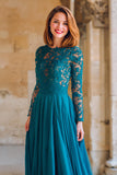 Robe trapèze bleu paon applique mère de la mariée