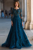 Robe longue mère de la mariée bleu paon appliquée trapèze
