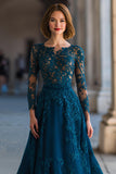 Robe longue mère de la mariée bleu paon appliquée trapèze