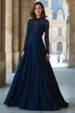Robe trapèze à col haut en dentelle marine appliquée Mère de la mariée