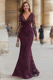 Robe de mère de la mariée en dentelle à col en V cabernet sirène appliquée