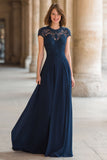 Robe longue mère de la mariée applique dentelle trapèze bleu marine