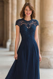 Robe longue mère de la mariée applique dentelle trapèze bleu marine
