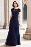 Robe longue mère de la mariée avec appliques de dentelle bleu marine trapèze