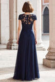 Robe longue mère de la mariée avec appliques de dentelle bleu marine trapèze