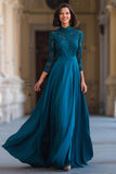 Robe longue de mère de la mariée bleu paon trapèze à col montant