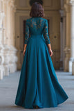Robe longue de mère de la mariée bleu paon trapèze à col montant