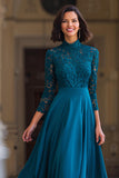 Robe longue de mère de la mariée bleu paon trapèze à col montant
