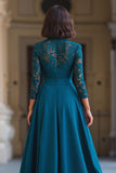 Robe longue de mère de la mariée bleu paon trapèze à col montant