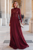 Robe Mère de la mariée bordeaux à col montant a-plat appliquée