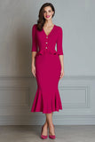 Robe de travail midi sirène à col en V fuchsia avec manches