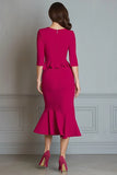 Robe de travail midi sirène à col en V fuchsia avec manches
