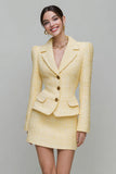 Jaune clair 2 pièces revers crantés crayon tweed robe blazer courte avec manches