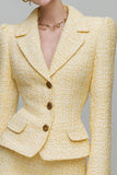 Jaune clair 2 pièces revers crantés crayon tweed robe blazer courte avec manches