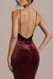Robe formelle sirène à bretelles spaghetti en velours bordeaux