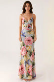 Robe de soirée sirène à bretelles spaghetti florales bleu gris