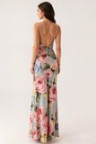 Robe de soirée sirène à bretelles spaghetti florales bleu gris
