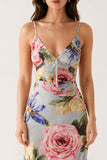 Robe de soirée sirène à bretelles spaghetti florales bleu gris