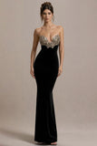 Robe de soirée sirène noire sans bretelles scintillante
