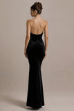 Robe de soirée sirène noire sans bretelles scintillante