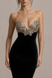 Robe de soirée sirène noire sans bretelles scintillante