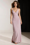 Robe de soirée longue simple rose clair à col en V