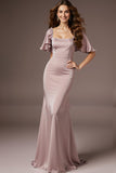 Robe de bal longue à manches longues en satin sirène sirène rose clair