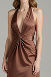 Fourreau café satin dos nu robe longue formelle