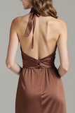 Fourreau café satin dos nu robe longue formelle