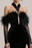 Robe de concours en velours noir à épaules dénudées avec fente