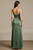 Robe longue cravate noire en satin vert clair avec fente