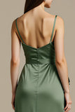 Robe longue cravate noire en satin vert clair avec fente