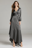 Gris acier Robe longue cravate noire asymétrique en satin à col en V